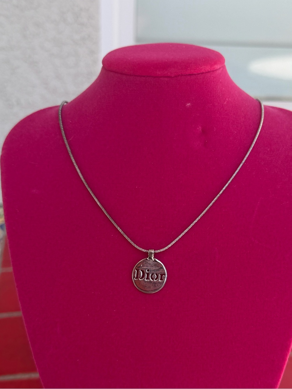Dior Silver-Logo Round Pendant Necklace on Silver Chain